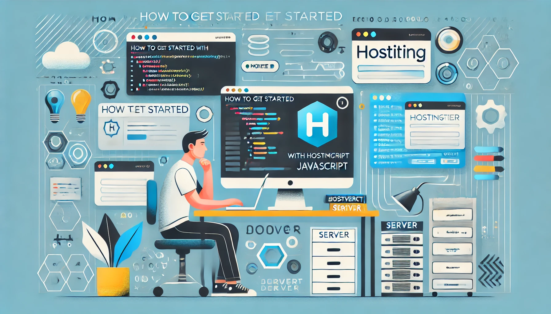 An illustration of a JavaScript developer working at a desk with a laptop, Hostinger dashboard on screen, code snippets, server icons, and a domain bar—visually representing web hosting setup in a clean 16:9 layout.