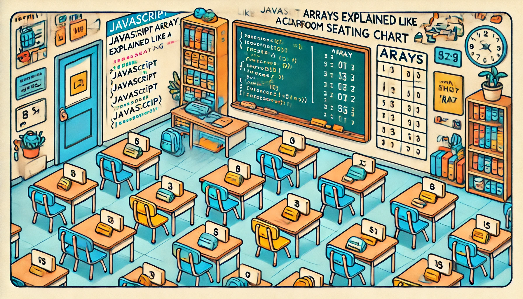 A stylized classroom with student desks labeled like array indexes and a chalkboard showing JavaScript syntax.