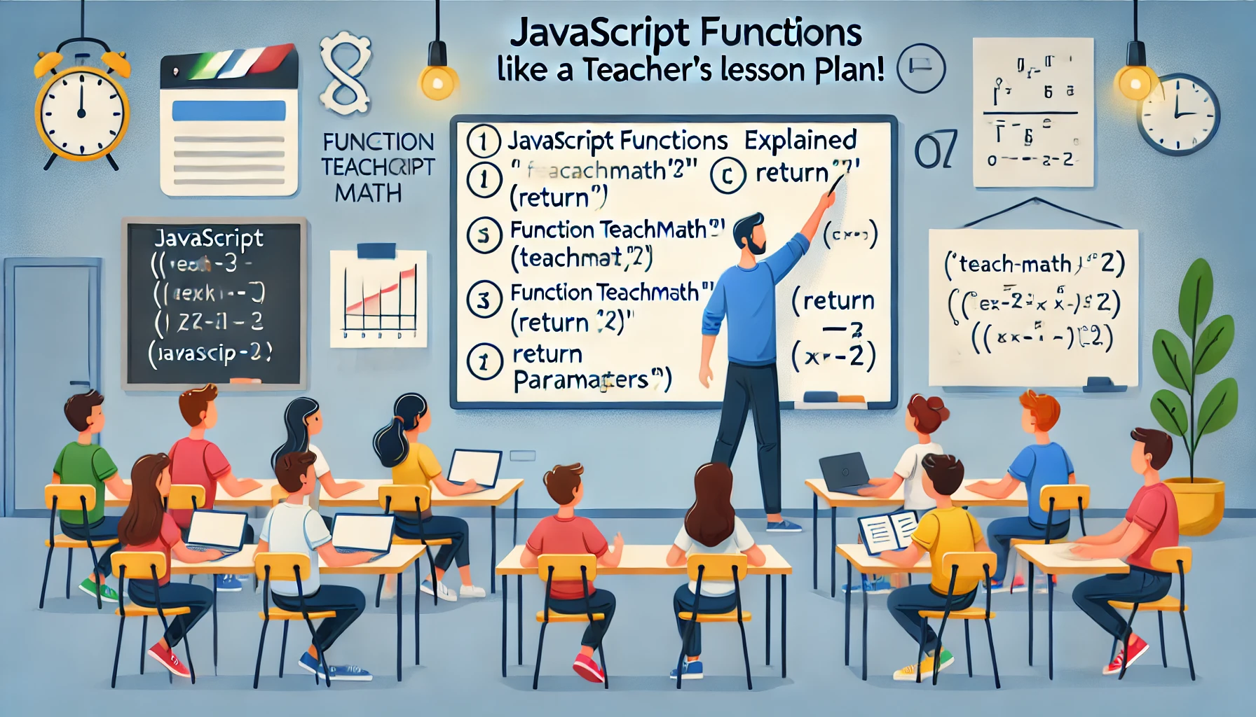 A visually engaging classroom scene where a teacher is explaining JavaScript functions on a whiteboard with terms like 'function teachMath()', 'return', and 'parameters', while students attentively follow along. The blog title 'JavaScript Functions Explained Like a Teacher’s Lesson Plan!' is integrated into the image, making it ideal for an educational and coding-themed blog post.