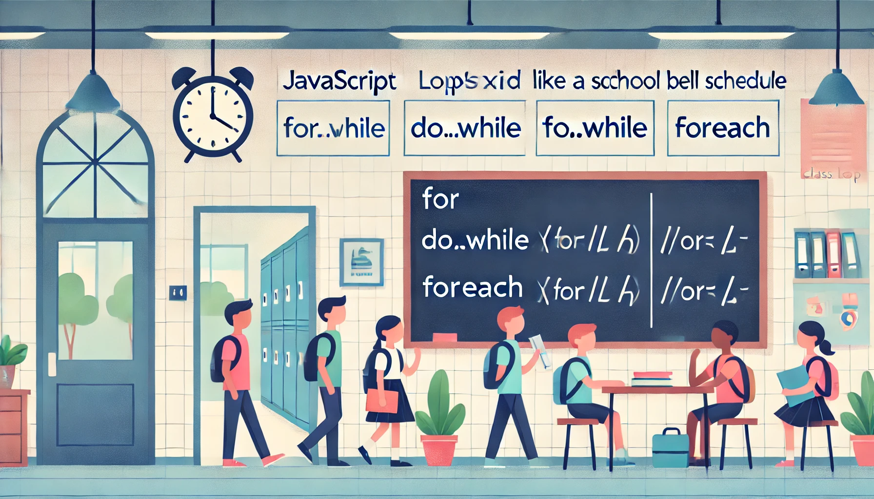 Illustration of a school hallway with a bell, chalkboard showing JavaScript loops, and students moving between classes—symbolizing how loops work in programming.
