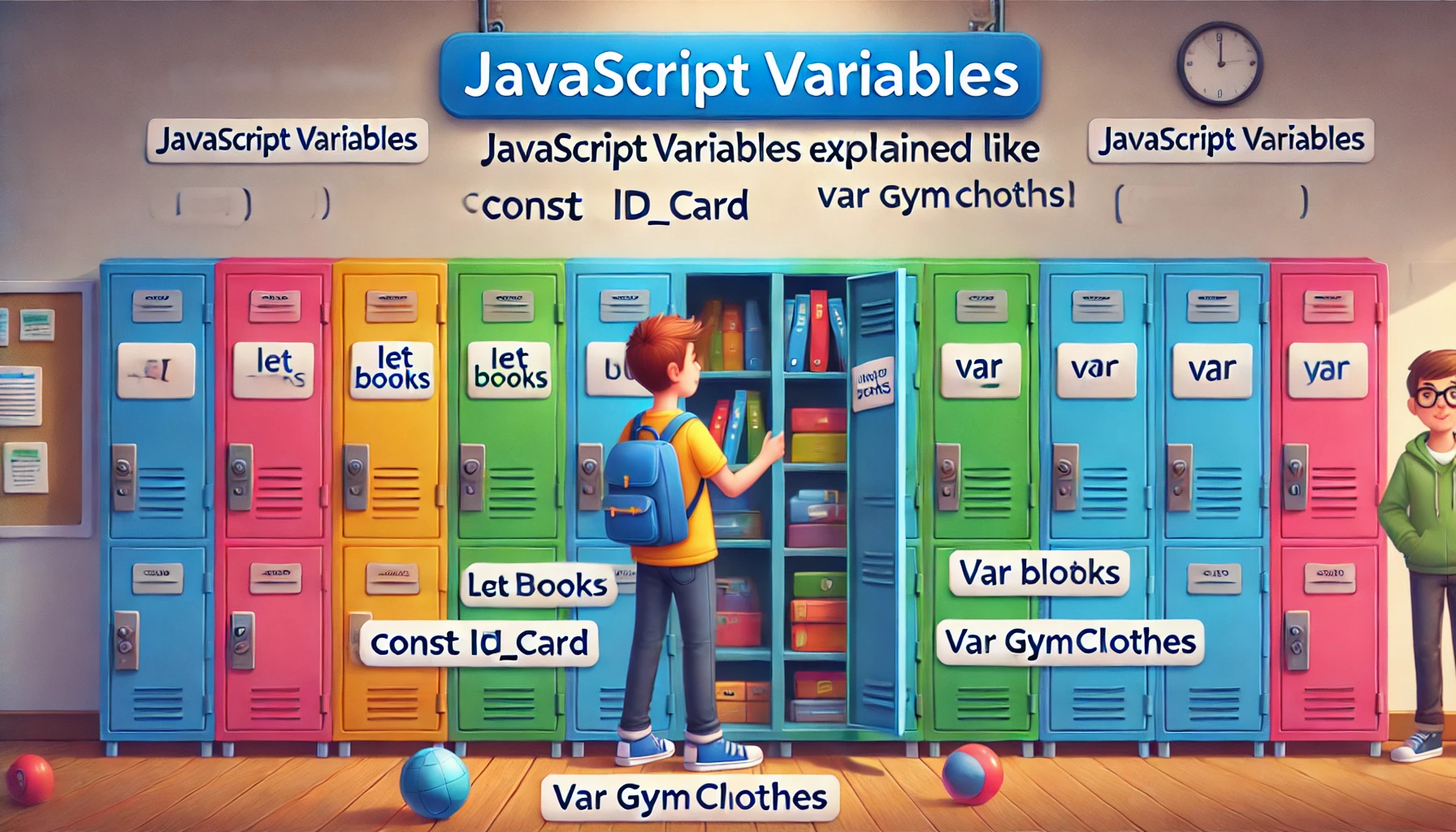 A visually engaging illustration of a school hallway with colorful lockers, each labeled with JavaScript variable types such as 'let books', 'const ID_Card', and 'var gymClothes'. A student is opening one locker, revealing symbolic items like books, a lunchbox, and a football, representing stored data. The blog title 'JavaScript Variables Explained Like Lockers in a School' is displayed at the top, making the image educational and coding-themed.