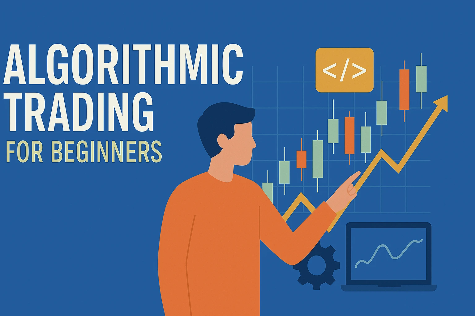 Flat-design digital illustration showing a beginner interacting with algorithmic trading charts and tools.