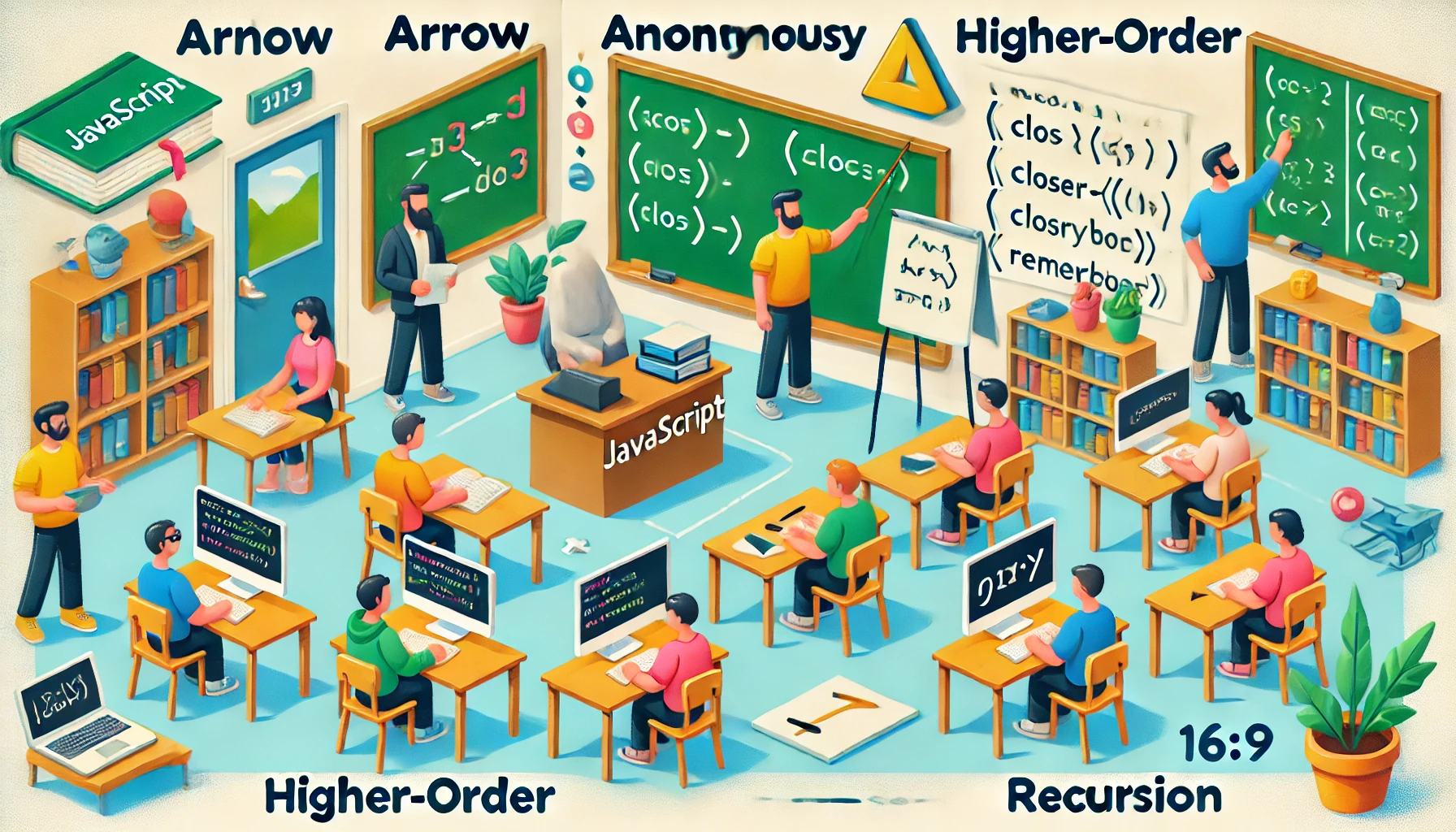 “Illustration of a classroom with five teachers labeled Anonymous, Arrow, Higher-Order, Closure, and Recursion, each demonstrating a unique teaching strategy that represents JavaScript function types.”