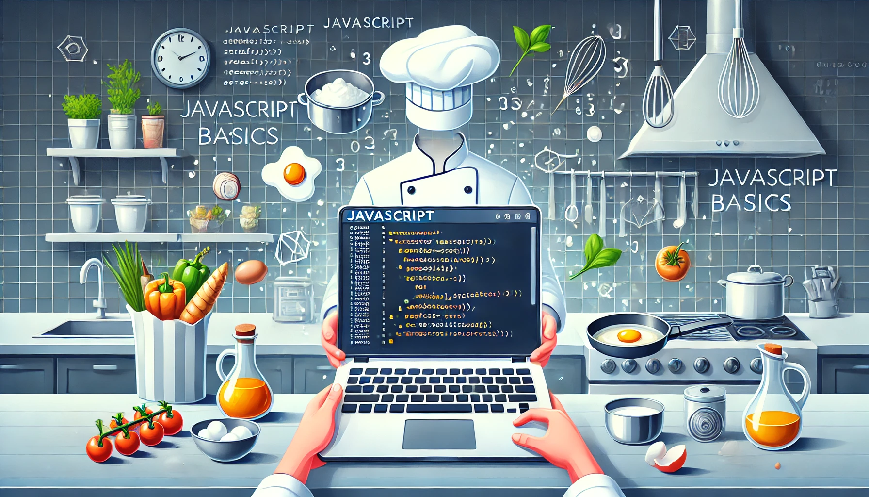 Chef in a modern kitchen holding a laptop displaying JavaScript code, with floating cooking ingredients representing JavaScript variables.