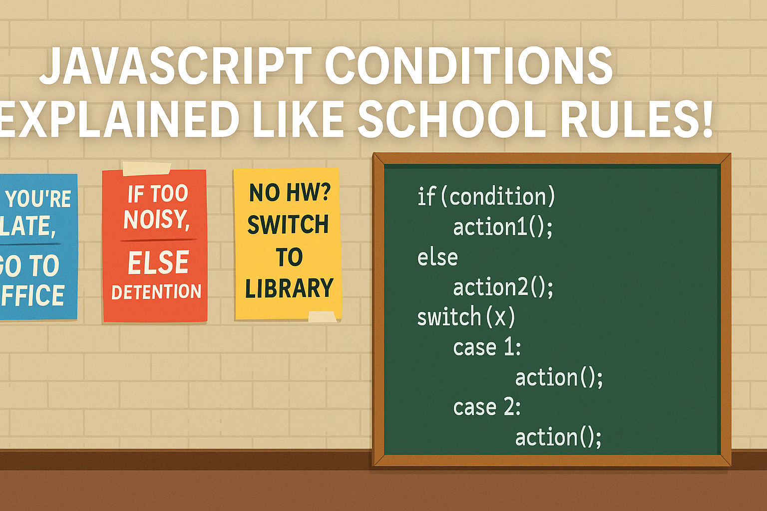 A colorful school hallway with posters displaying rules like “If you're late, go to the principal’s office,” visually representing JavaScript conditional logic.