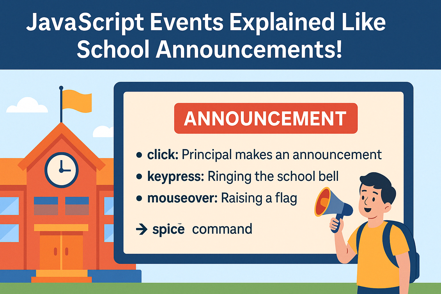 A school hallway scene with a loudspeaker making announcements to students who react in various ways—symbolizing JavaScript events and user interactions.