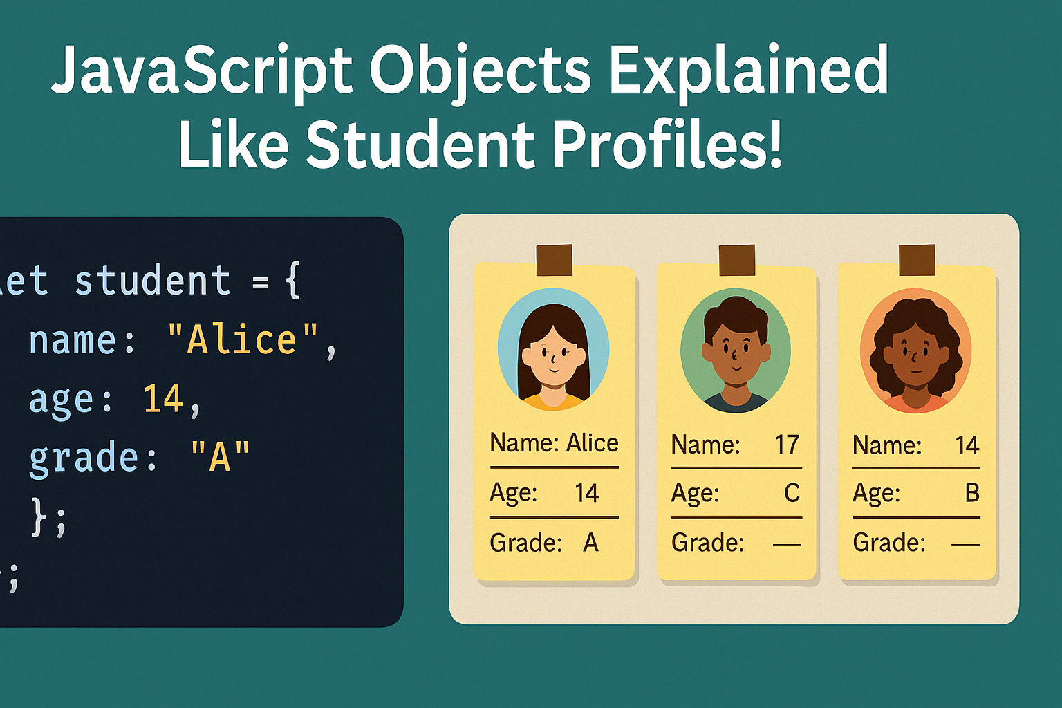 A classroom scene showing digital student profile cards, each with labeled fields like name, age, and subjects, representing JavaScript object structure.